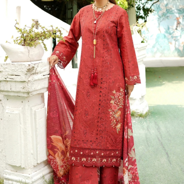Stitched Royal Maroon Embroidered Winter Corduroy 3-Piece Suit