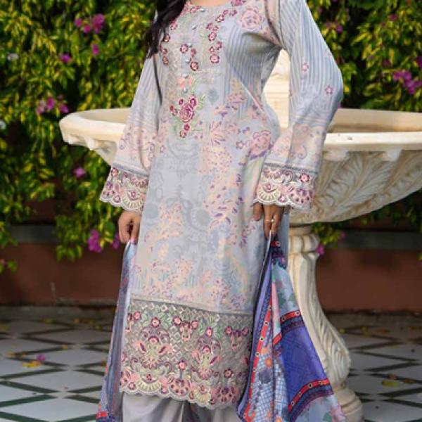 Stitched Grey Dhanak Suit with Multicolor Dupatta