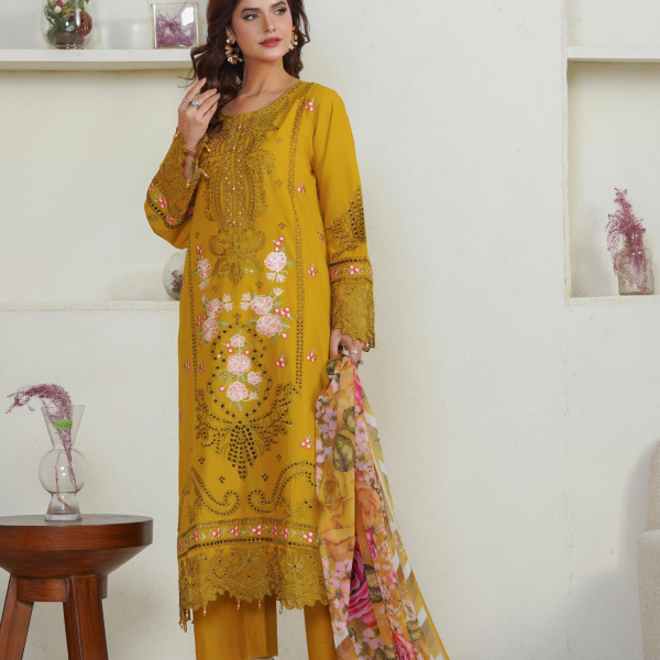 Eid al-Fitr Collection – Stitched Mustard Embroidered Lawn 3 Piece