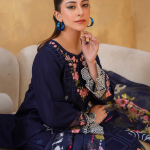 Eid al-Fitr Collection – Stitched 3 Piece Lawn (Navy Blue with Floral & Geometric Embroidery)