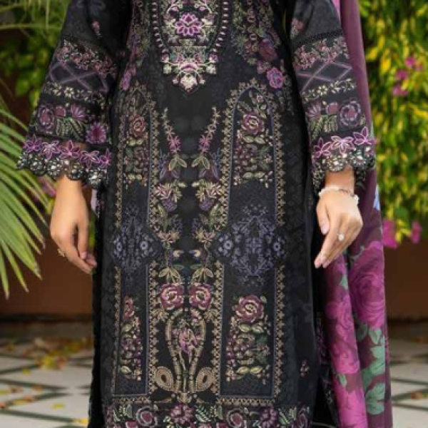 Stitched Black Dhanak Suit with Purple Floral Dupatta
