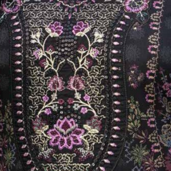 Stitched Black Dhanak Suit with Purple Floral Dupatta