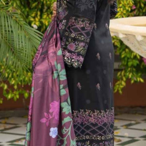Stitched Black Dhanak Suit with Purple Floral Dupatta
