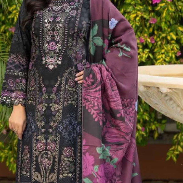 Stitched Black Dhanak Suit with Purple Floral Dupatta