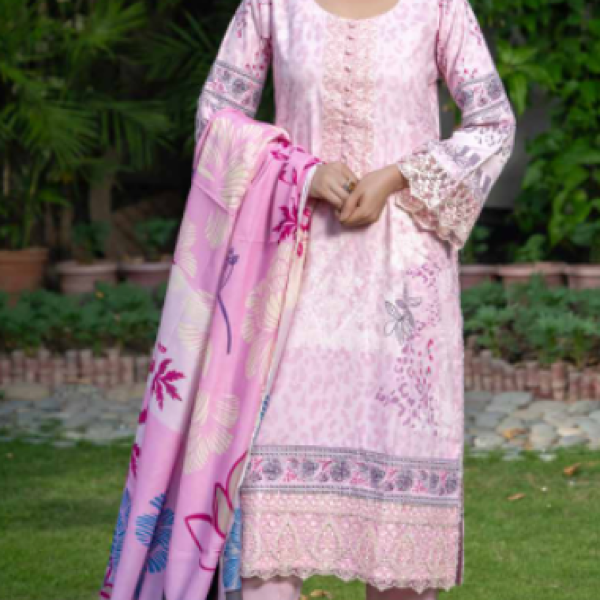Stitched Pink Dhanak Suit with Multicolor Floral Dupatta