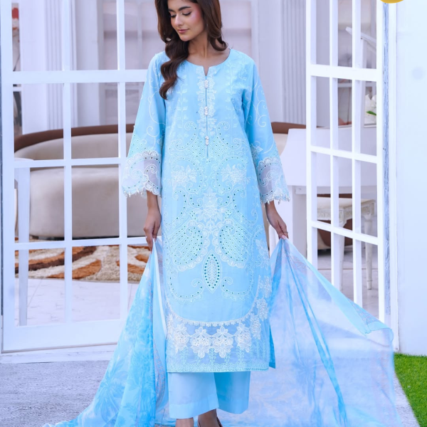 Aqua Blue Lace-Trimmed Embroidered Lawn – Eid al-Fitr Edition