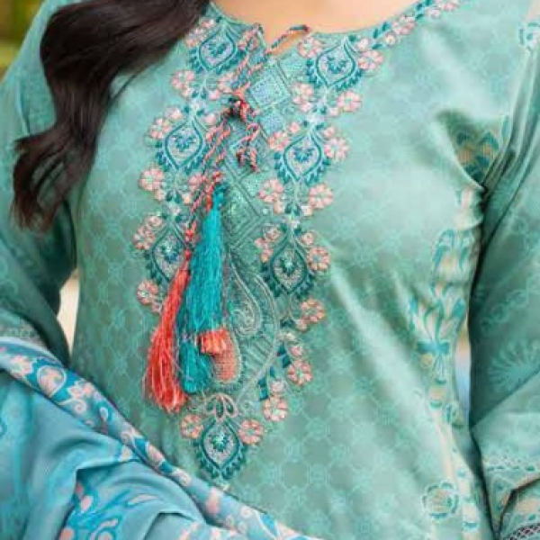 Stitched Teal Dhanak Suit with Pink Embroidery & Dupatta