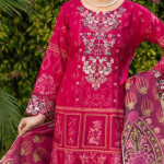 Stitched Red Dhanak Suit with Floral Embroidery & Dupatta
