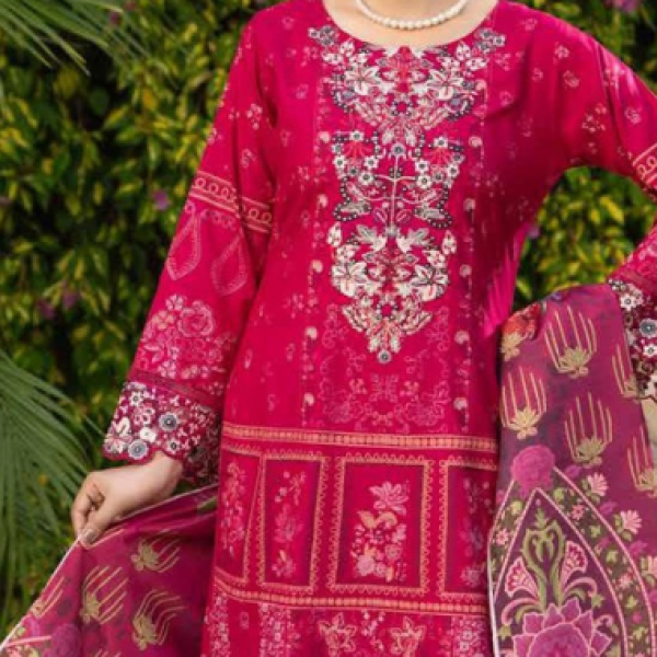 Stitched Red Dhanak Suit with Floral Embroidery & Dupatta