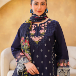 Eid al-Fitr Collection – Stitched 3 Piece Lawn (Navy Blue with Floral & Geometric Embroidery)