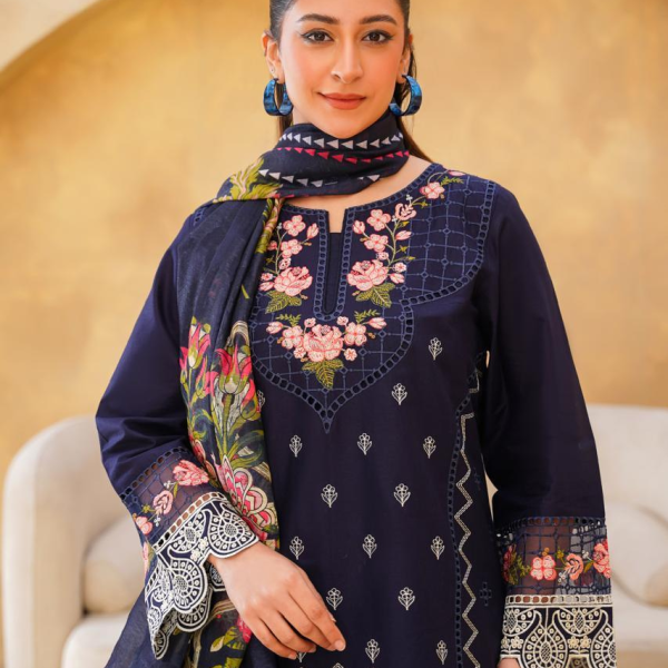 Eid al-Fitr Collection – Stitched 3 Piece Lawn (Navy Blue with Floral & Geometric Embroidery)