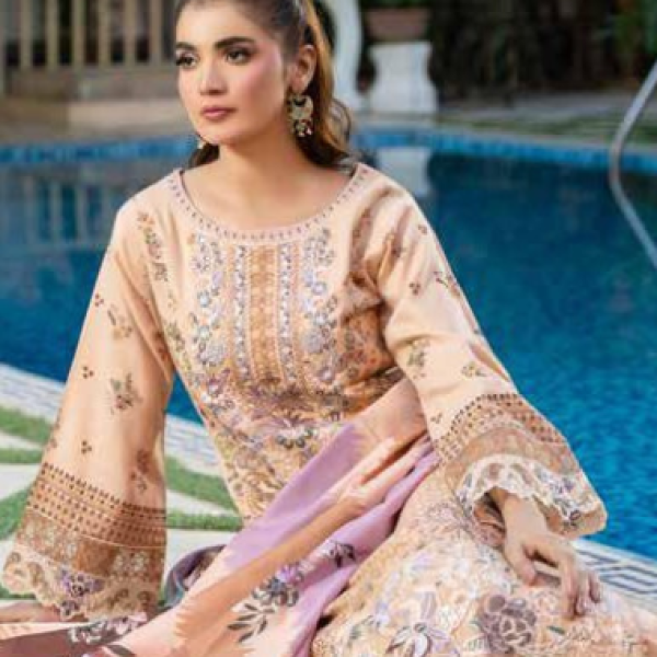 Stitched Peach Dhanak Suit with Printed Dupatta & Embroidery