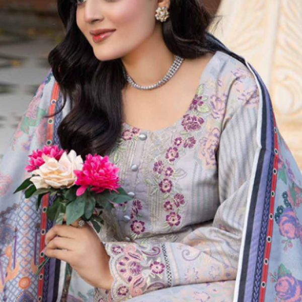 Stitched Grey Dhanak Suit with Multicolor Dupatta