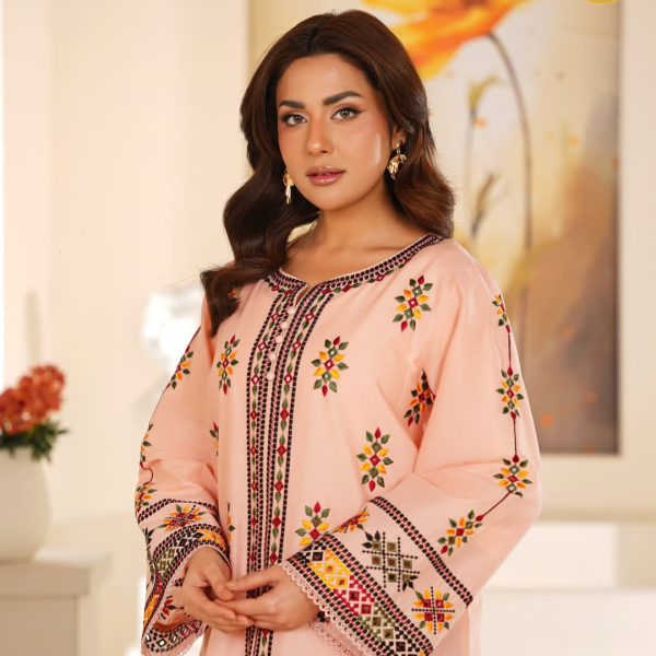 Eid al-Fitr Collection – Stitched 2 Piece Lawn Embroidered Dress in Soft Pink