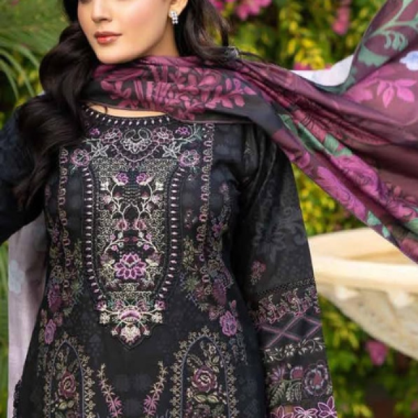 Stitched Black Dhanak Suit with Purple Floral Dupatta
